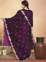 Thumbnail for Aastha Fashion Women's Wine Velvet Cording with Resham Thread & Sequin Kurta with Trouser & Dupatta - Distacart