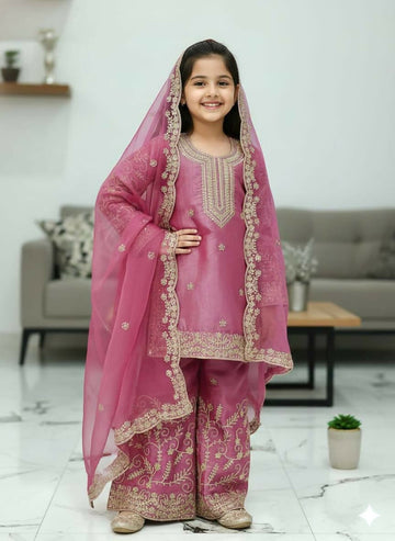 Teeya Creation New Kids Wedding Wear Heavy Embroidery Sequence Work Kurta Sharara Set-Pink - Dista