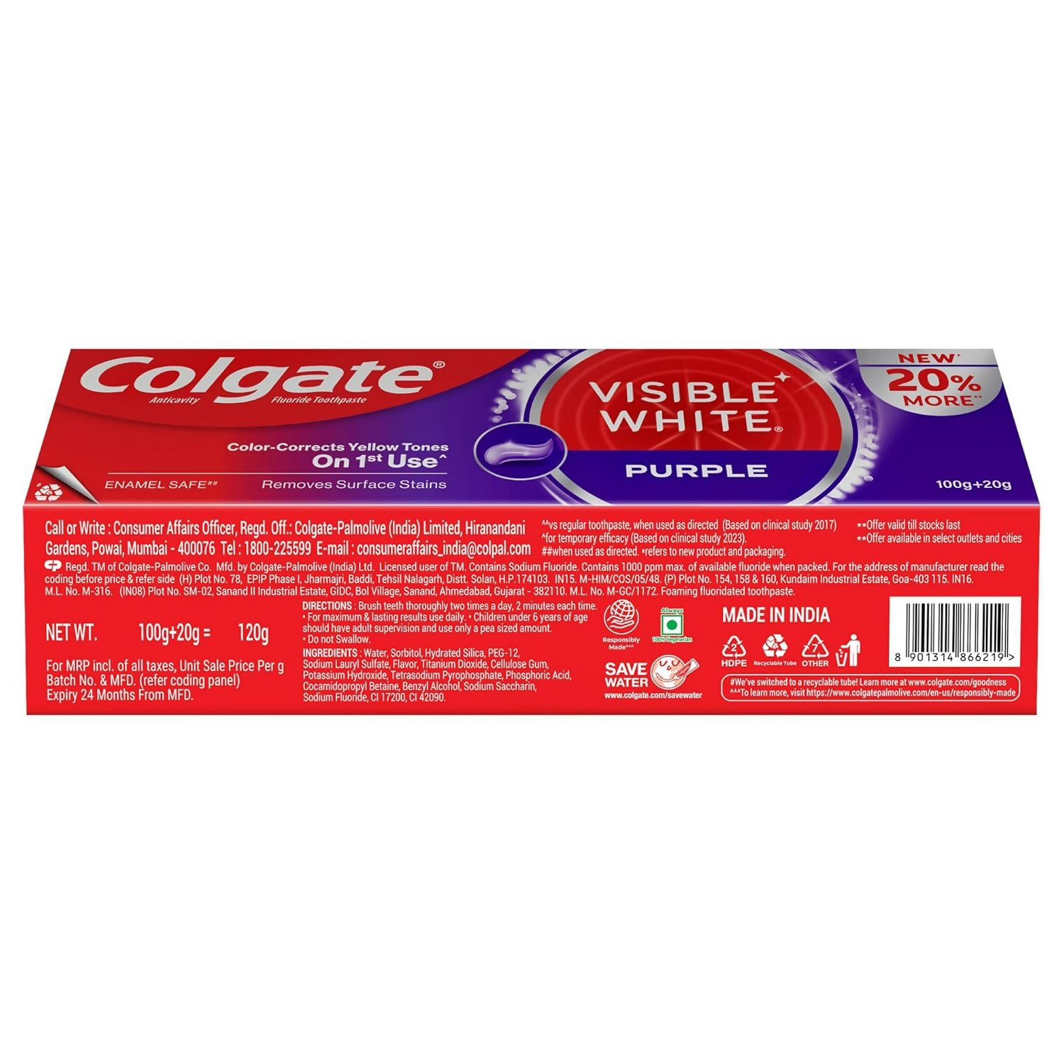 Colgate Visible White Purple Toothpaste For Teeth Whitening Helps Remove Surface Stains, Whitens Yellow - Distacart