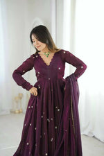 Thumbnail for Teeya Creation Violet Crunchy Silk Embroidery Work Designer Suit - Distacart