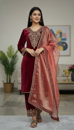 Thumbnail for Joban Fashion Maroon Kurta Set Velvet Embroidery Sequence Work - Distacart