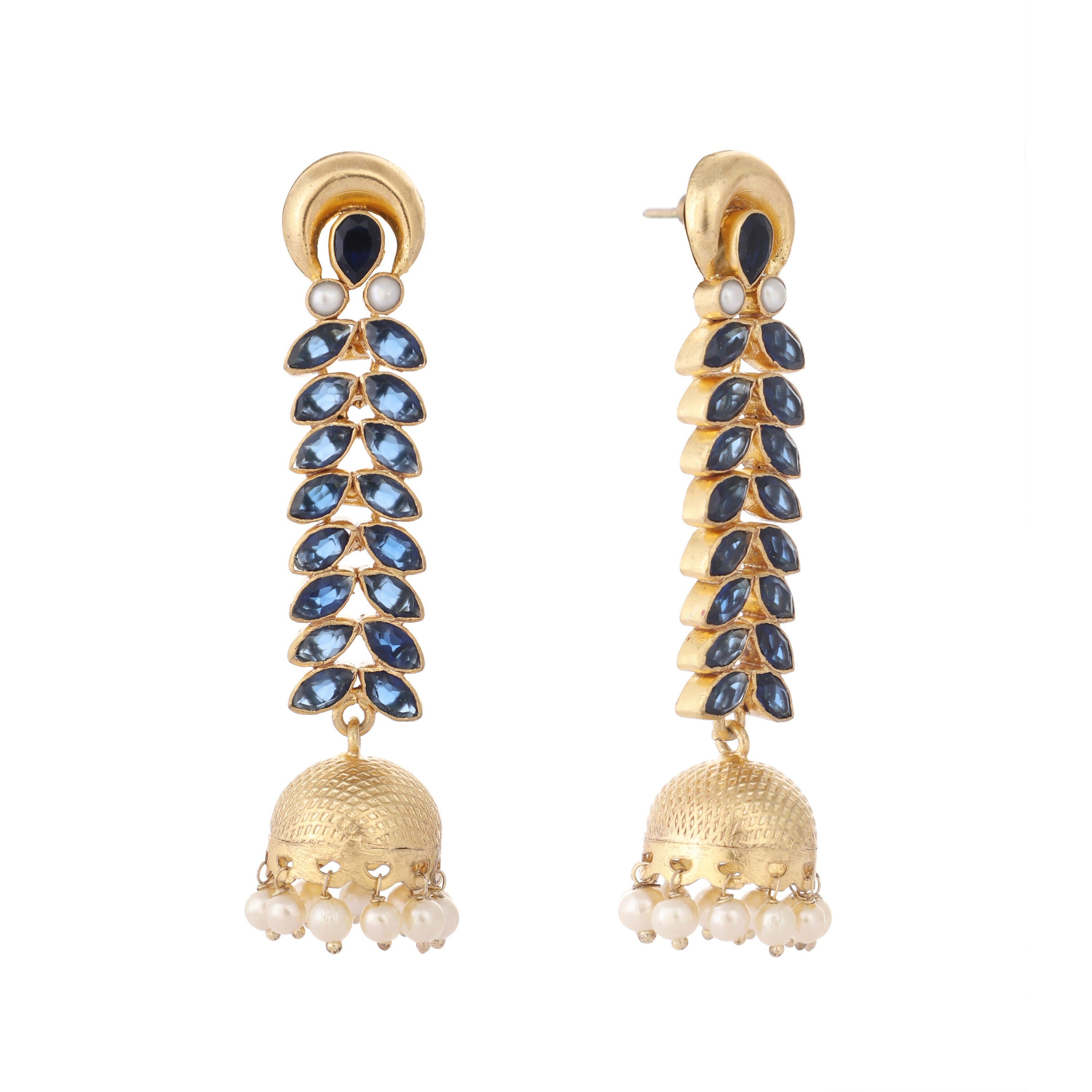 Nuyug 22K Gold-Plated Blue Onyx & Pearl Studded Dome Shaped Jhumkas