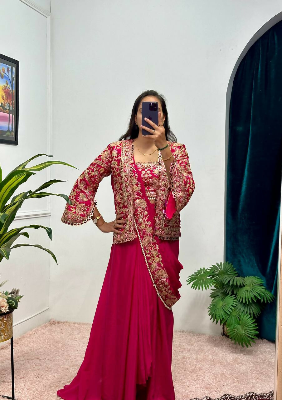 Teeya Creation Rani Color Chinon Silk Embroidery Work Ready To Wear Party Wear Saree With Koti - Distacart