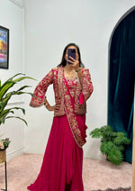 Thumbnail for Teeya Creation Rani Color Chinon Silk Embroidery Work Ready To Wear Party Wear Saree With Koti - Distacart