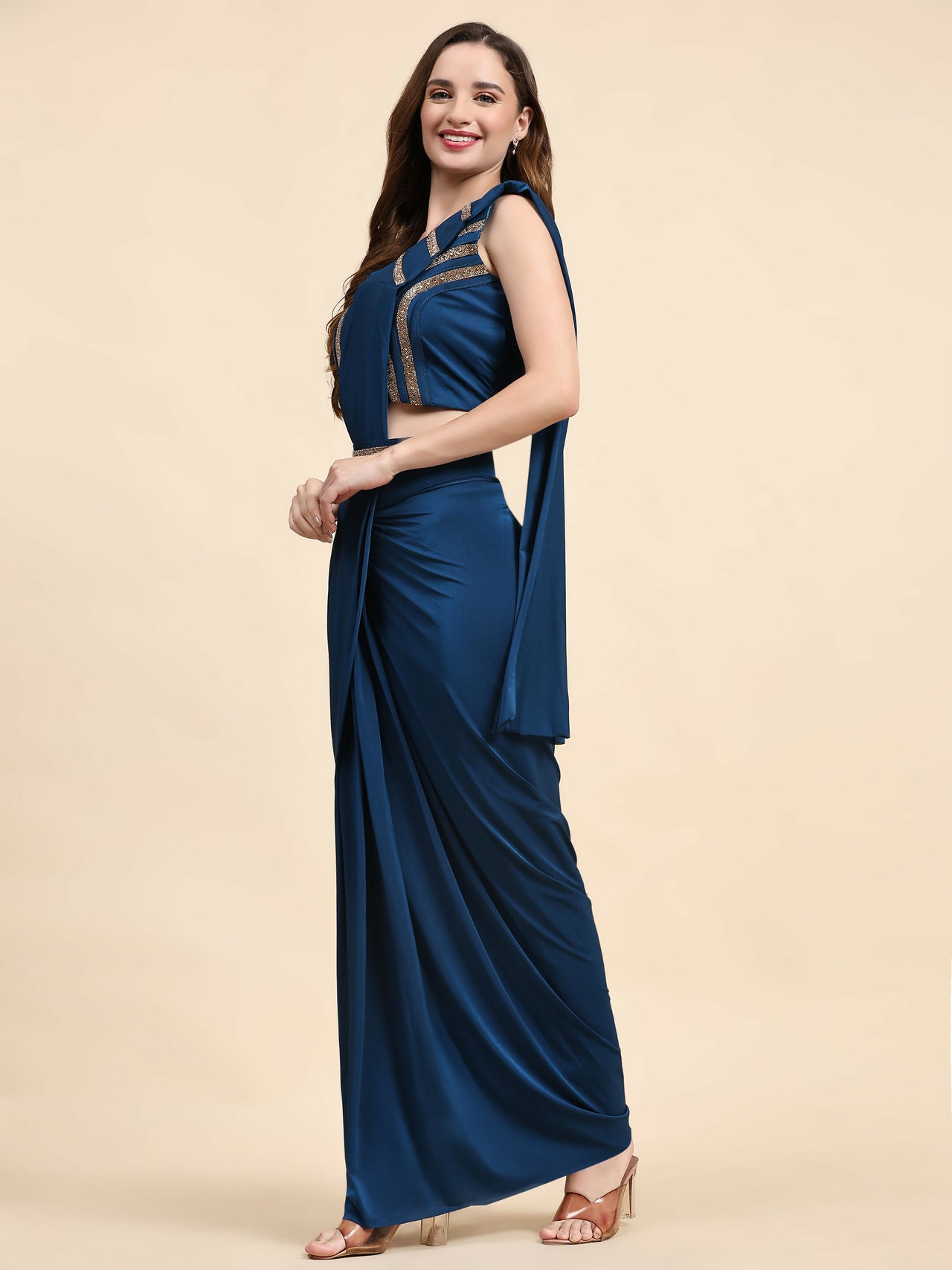 Blue Polyester Solid Ready to Wear Saree with stitched Blouse - Nita - Distacart