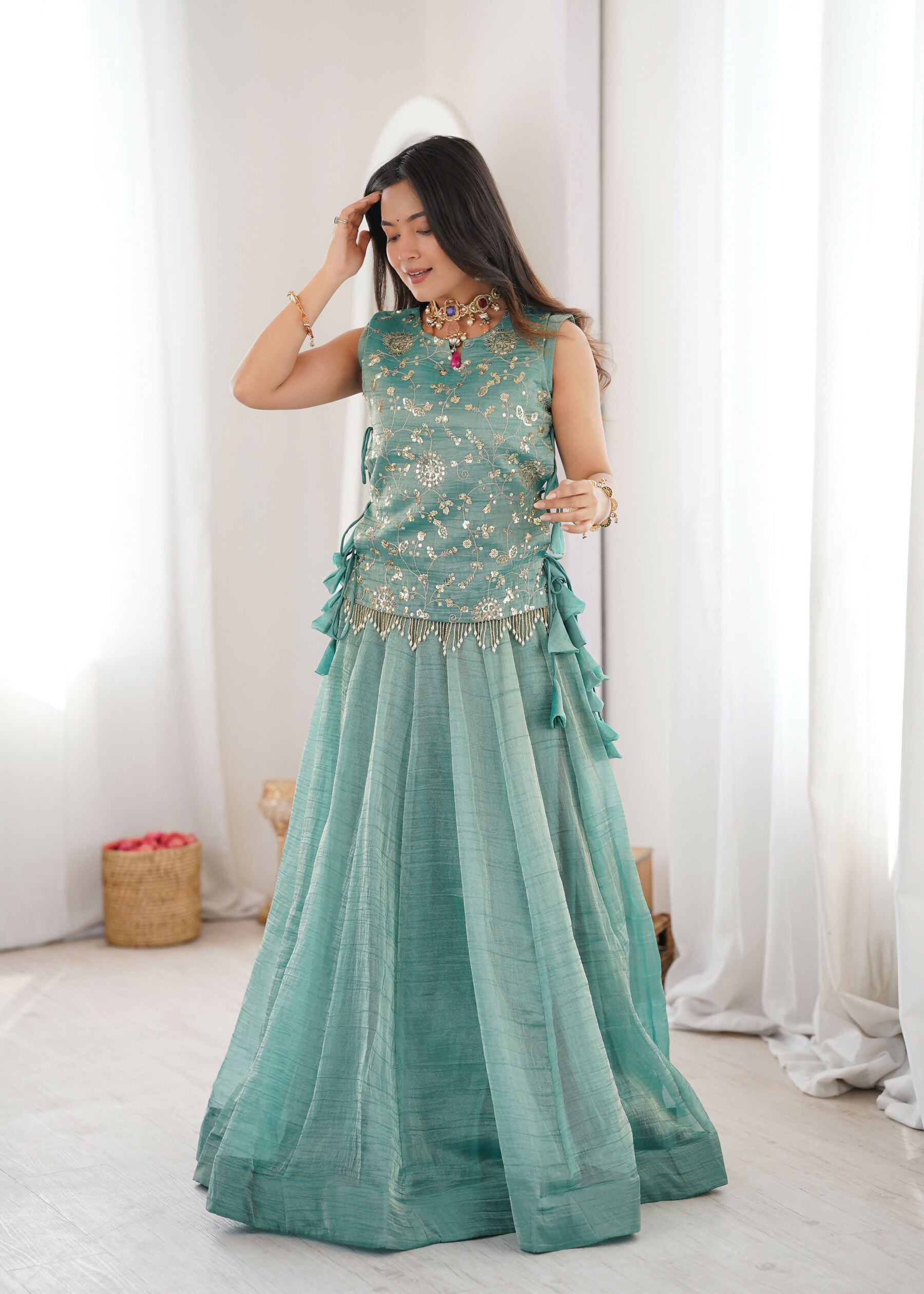 Lorenvalley Fashion Skyblue Salsa Crush Plain Lehenga Choli with Koti - Dista