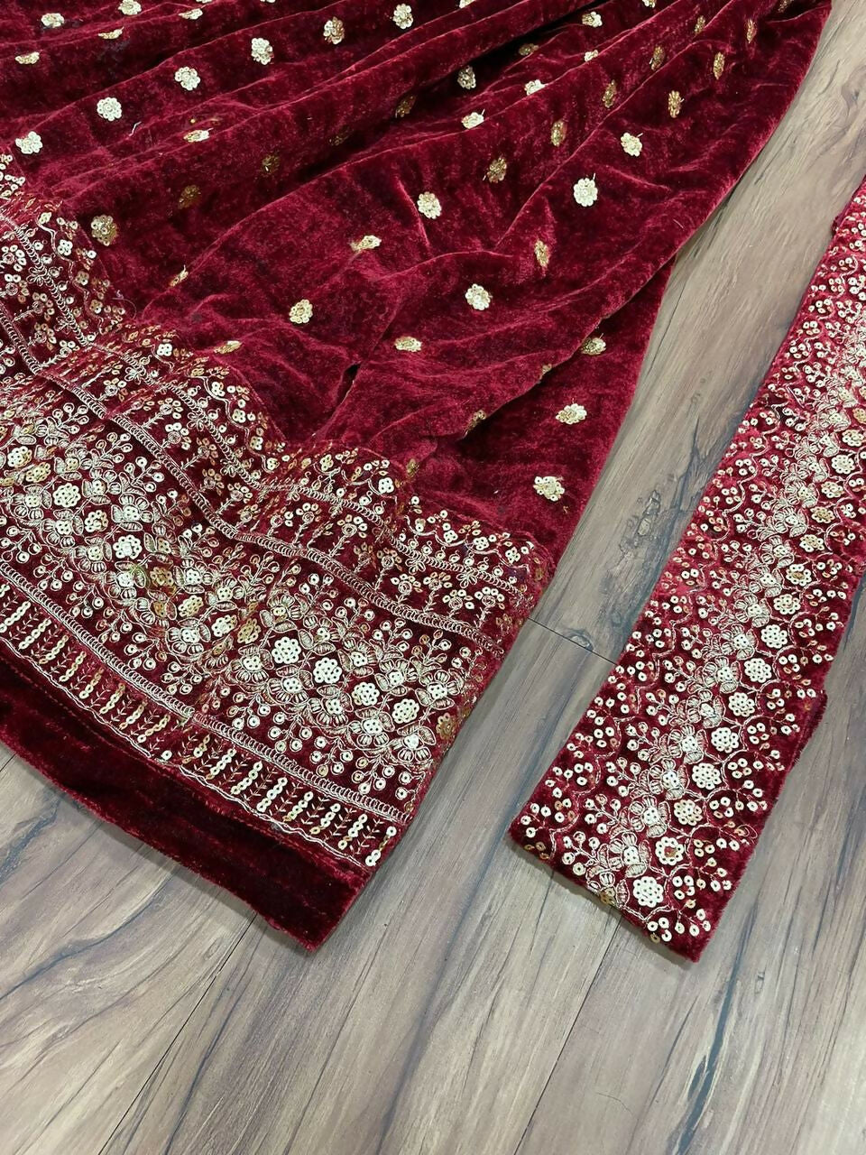 Vastranavya Wine Viscose Velvet Sequence Embroidery Work Gown Dupatta With Belt - Distacart