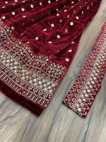 Thumbnail for Vastranavya Wine Viscose Velvet Sequence Embroidery Work Gown Dupatta With Belt - Distacart