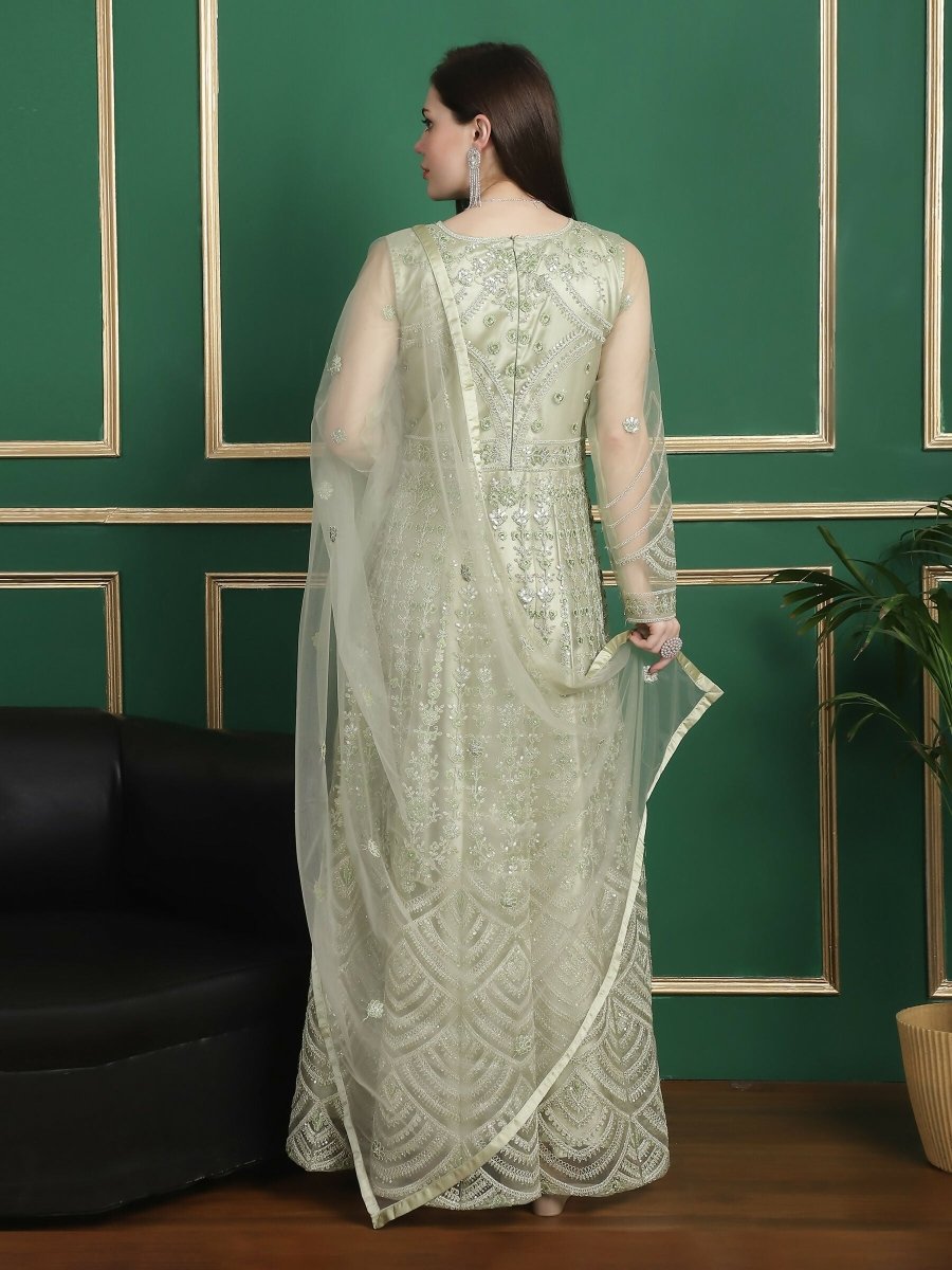 Aastha Fashion Women's Pista Green Net Floral Resham Thread with Cording & Crystal work Anarkali Dress Set - Distacart