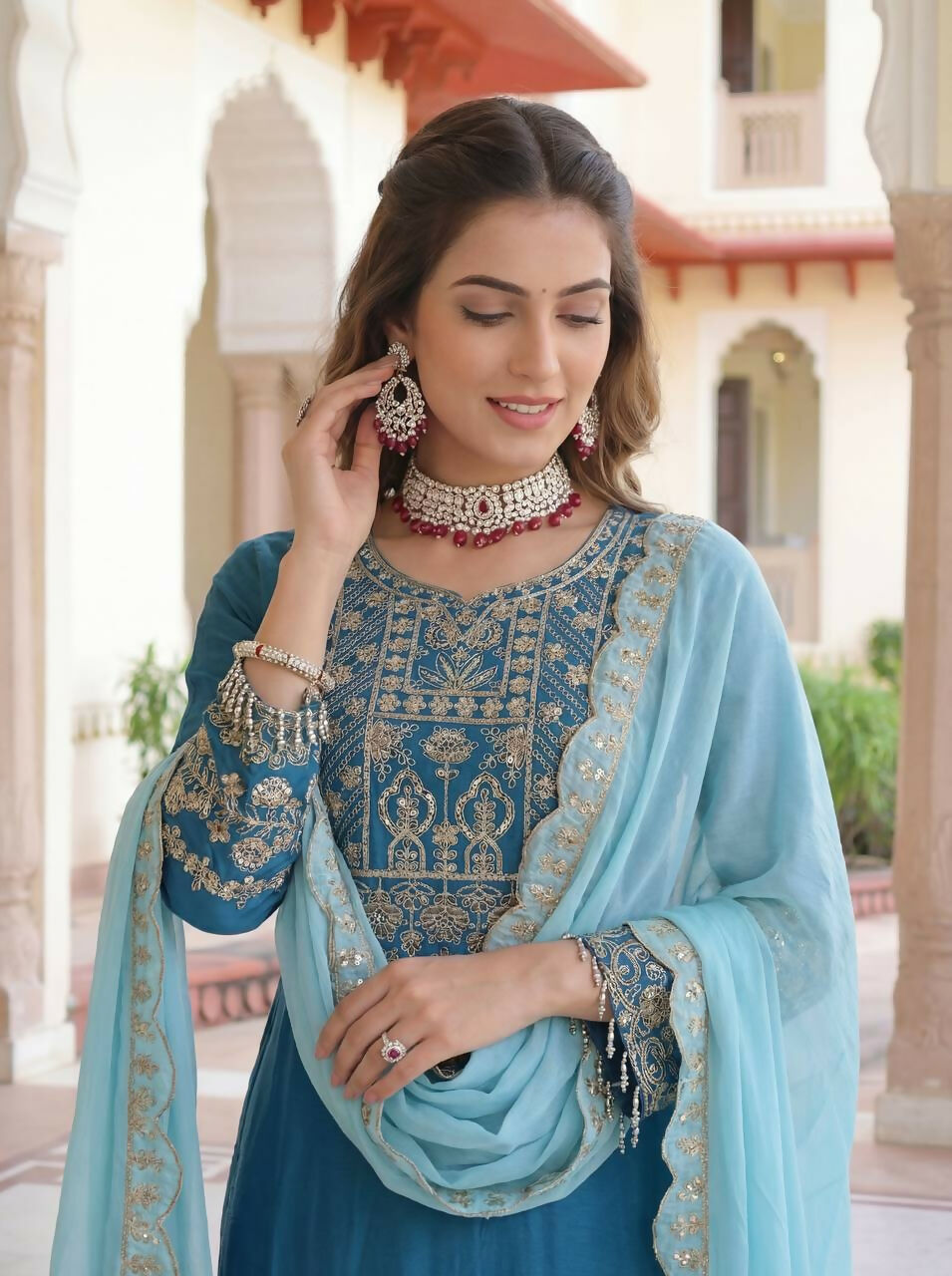 Teeya Creation Sky Chinon Silk Designer Wedding Wear Embroidery Work Palazzo - Distacart