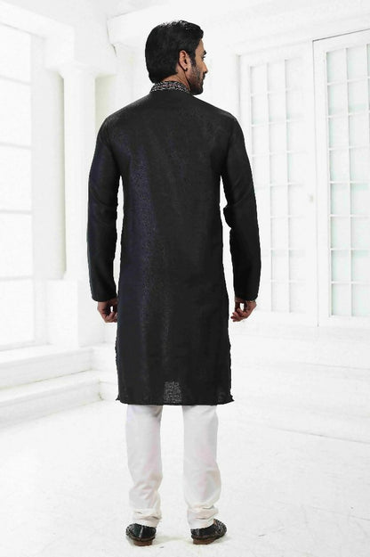Raivat Ethnic Linen Cotton Thread Work Kurta Pajama In Black Colour - Dista