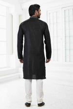 Thumbnail for Raivat Ethnic Linen Cotton Thread Work Kurta Pajama In Black Colour - Dista