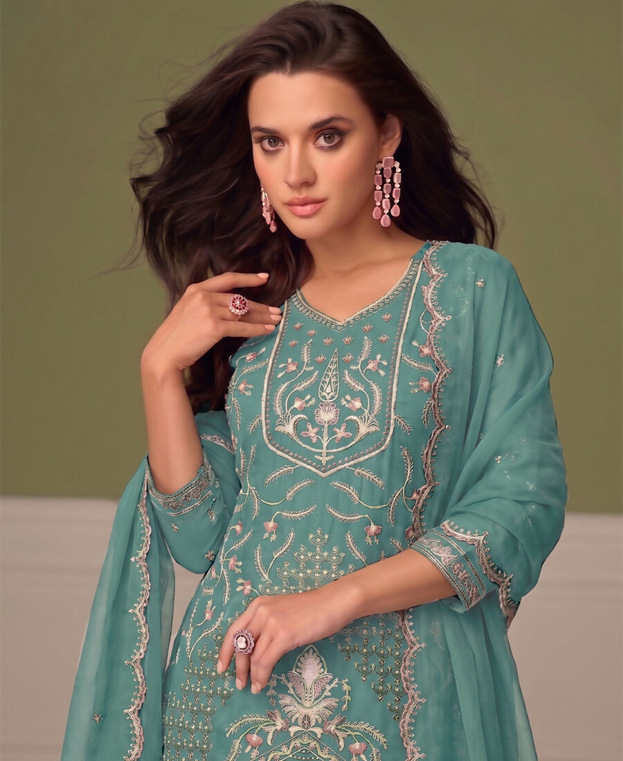KC Beautiful Sky Blue Chiffon Silk Hand Embroidery Suit For Women - Dista