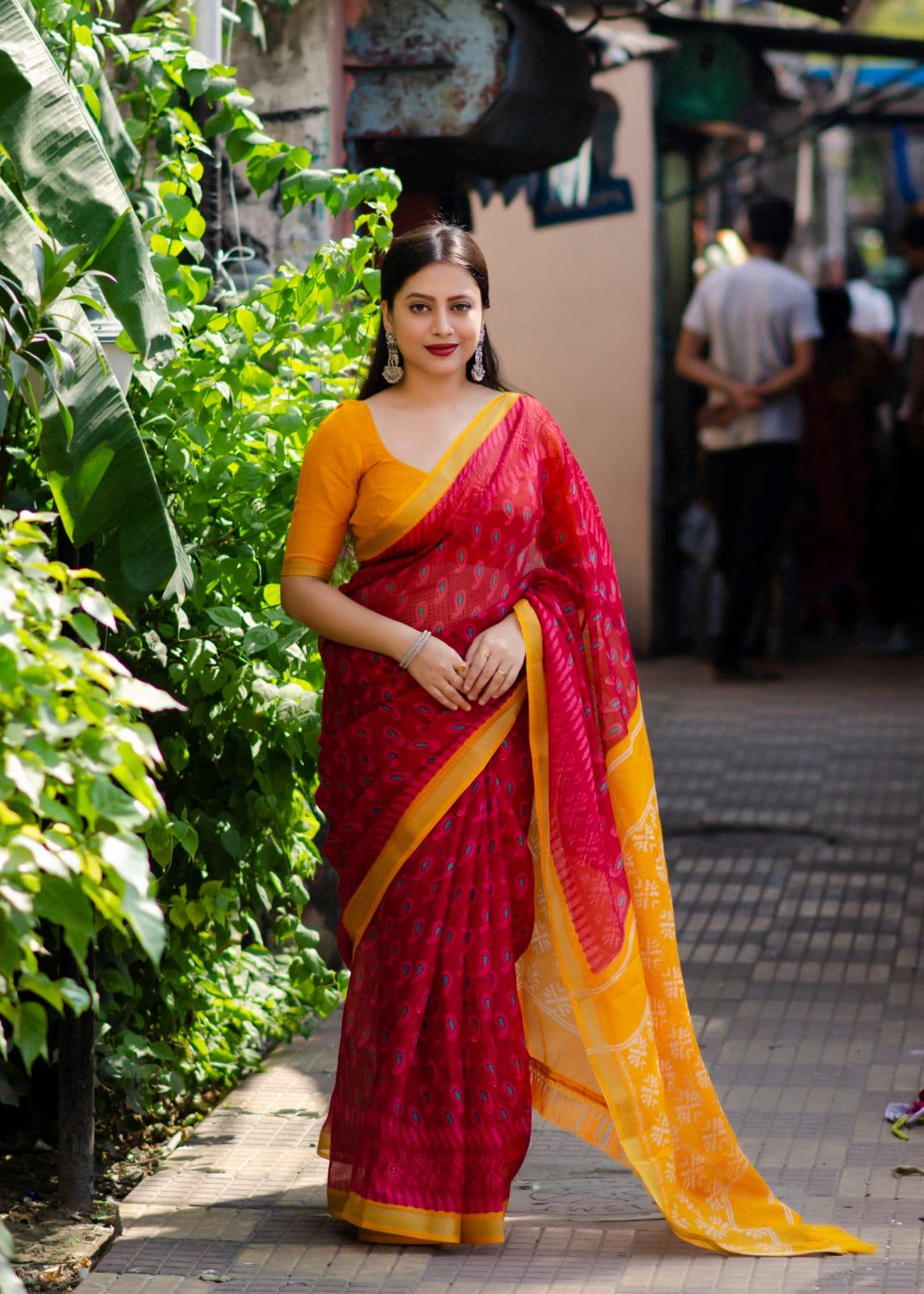 Light Red Polycotton Ethnic Motifs Saree with Unstitched Blouse - A2M - Distacart