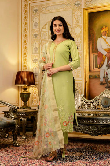 The52 Lemons Women's Beautiful Viscose Shimmer Fabric Embroidered Work Straight Kurta Pant and Dupatta Set - Distacart