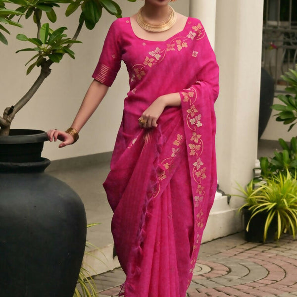 Vishnu Weaves Women's Pink Linen Silk Zari Weaving Saree with Blouse