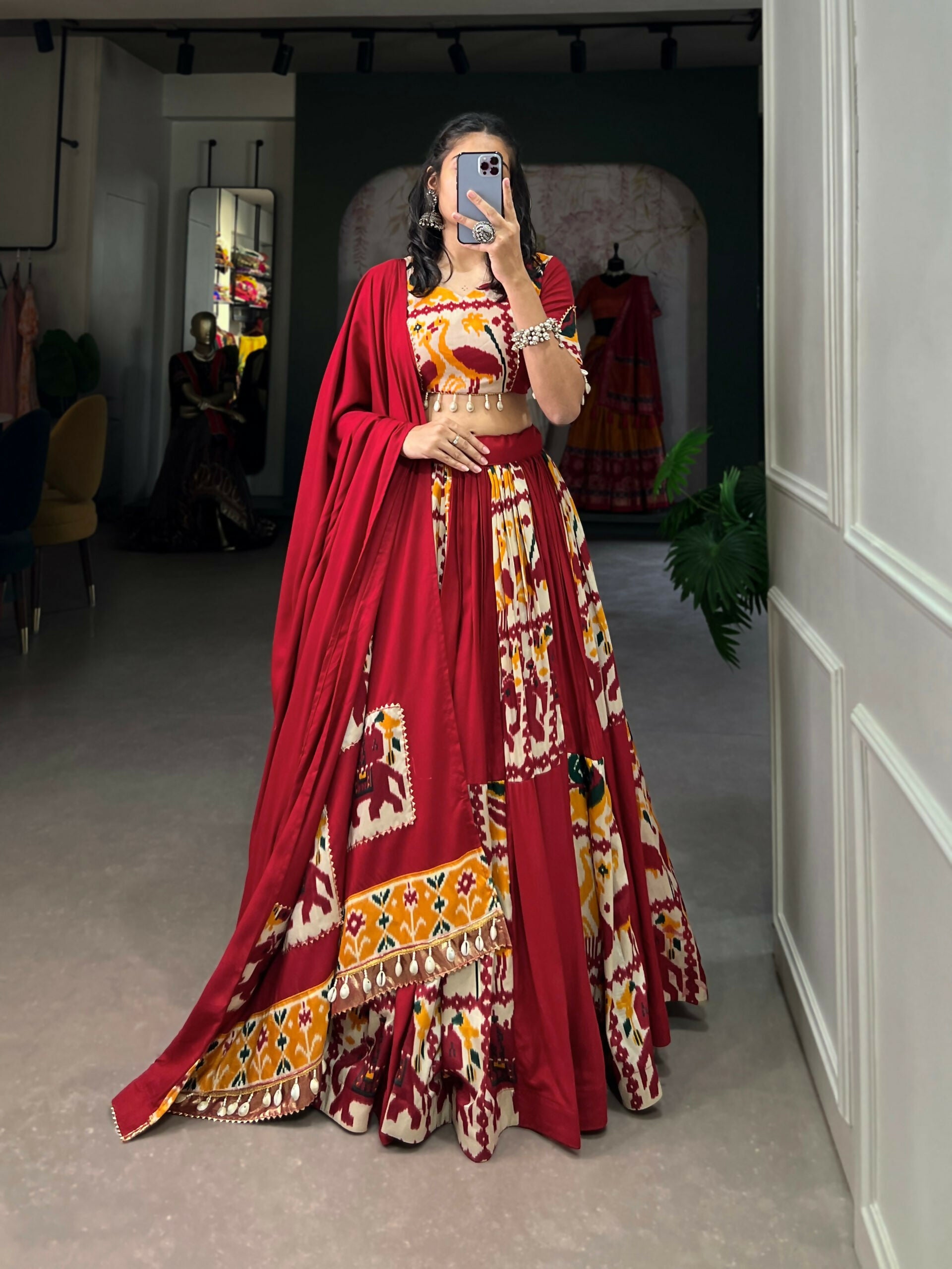 Vastranavya Navaratri Special Rayon with Printed Silk Lehenga with Stitched Choli - Off White - Distacart