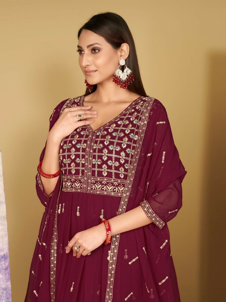 Jyoti Fashion Women's Rani Pink Georgette Embroidered Anarkali Kurta Pant Set With Dupatta - Distacart