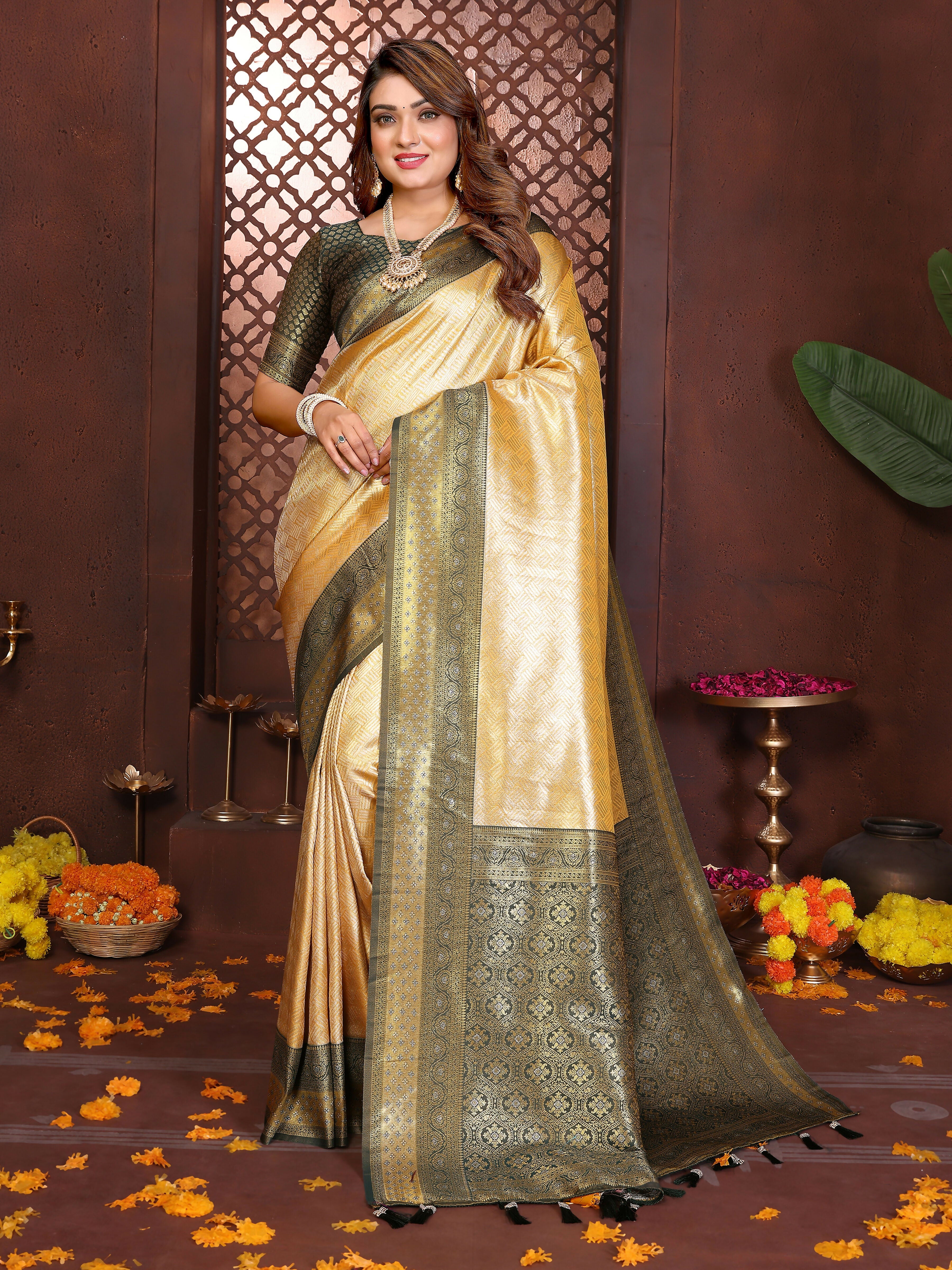 Aastha Fashion Cream Tissue Silk Woven Saree - Distacart