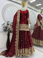 Thumbnail for Teeya Creation Maroon Color Fendy Satin Heavy Embroidery Work Wedding Wear Stitched Lehenga Choli - Distacart