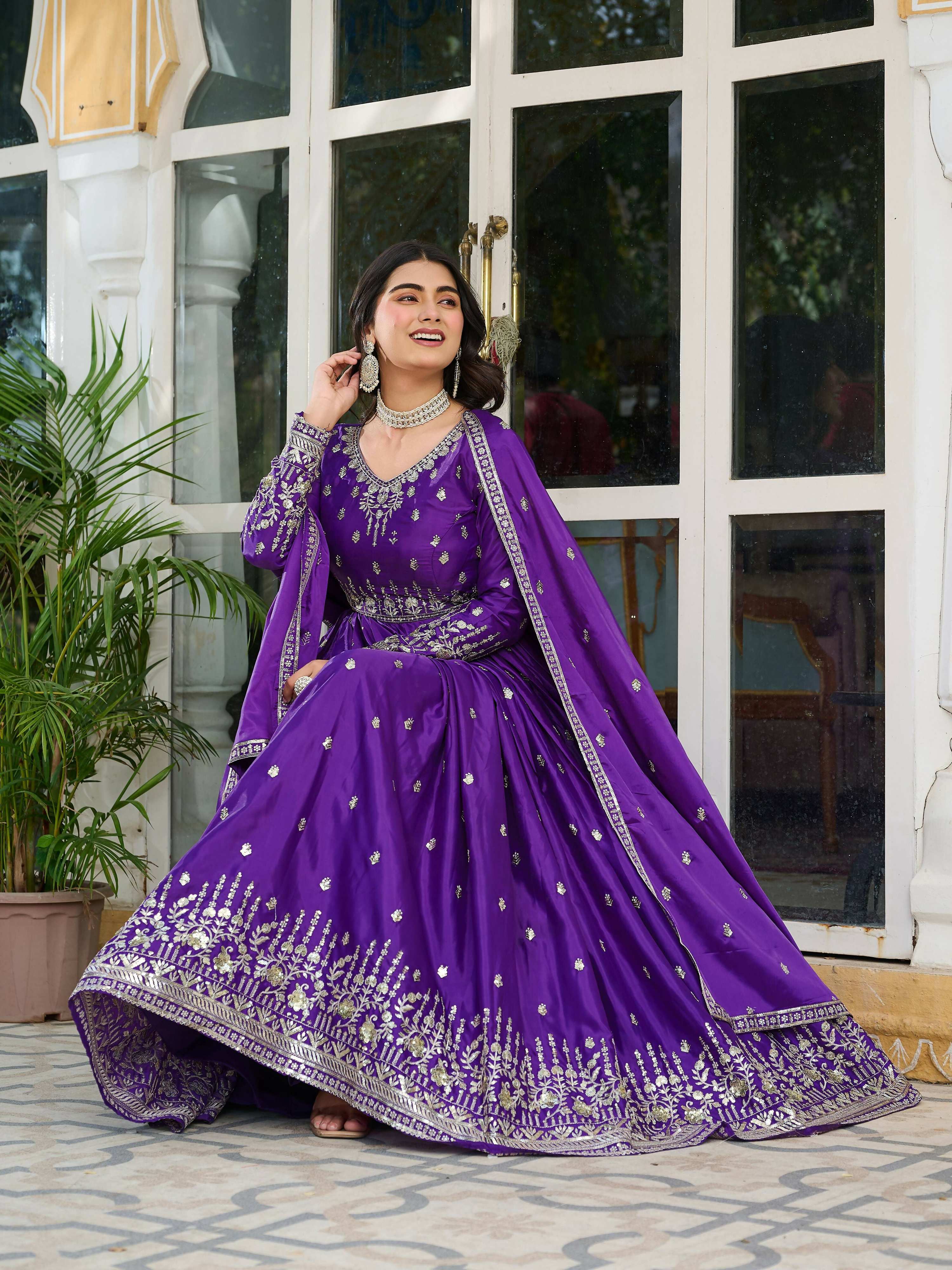 Joban Fashion Purple Kurta set with Pant Art silk Thread with Sequins work