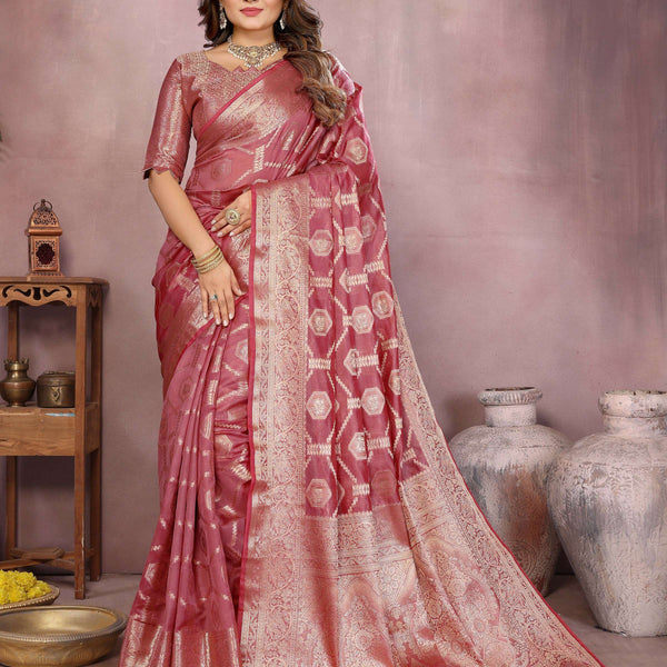Aastha Fashion Dark Pink Soft Organza Silk Weaving Saree - Distacart