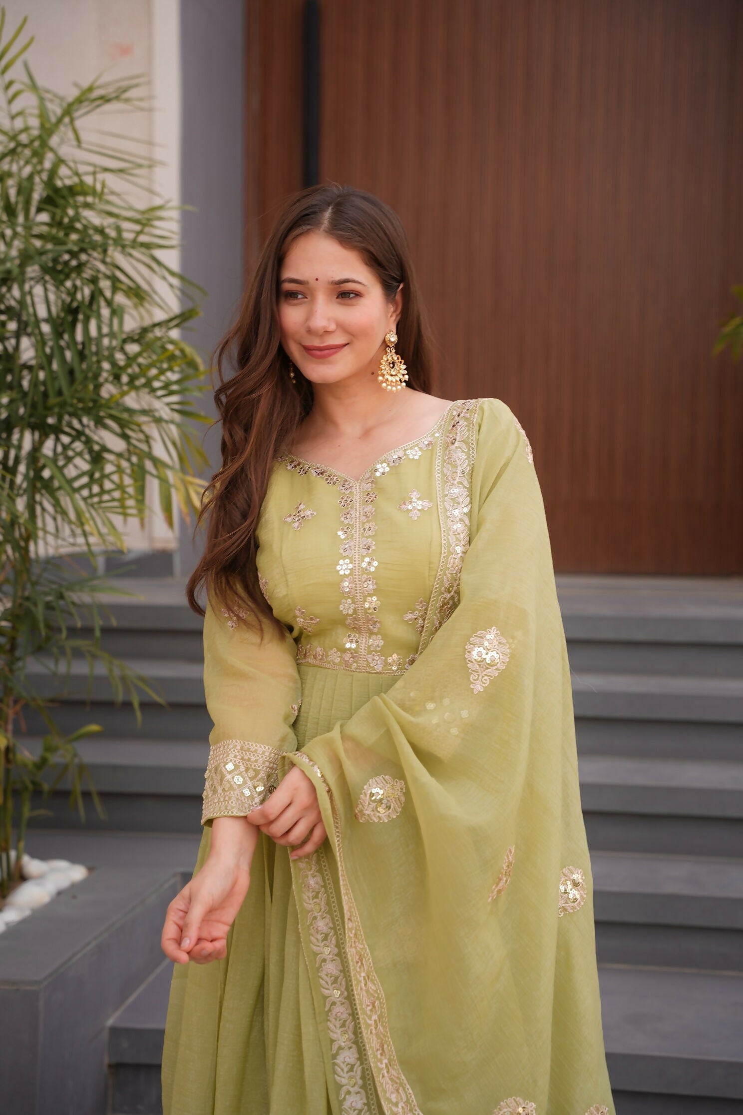 Teeya Creation Olive Color Crunchy Silk Wedding Wear Embroidery Work Long Gown