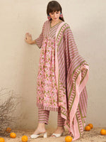 Thumbnail for Indo Era Floral Printed Empire Pure Cotton A-Line Kurta With Trousers & Dupatta