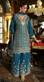 Thumbnail for Anaita Teal Blue Chinon Stitched Suit with Embroidery Codding Sequence Work - Distacart