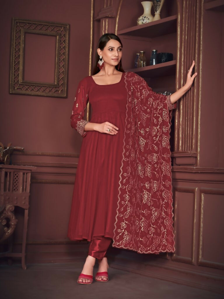 Jyoti Fashion Women's Maroon Georgette Embroidered Anarkali Kurta Pant Set With Dupatta - Distacart