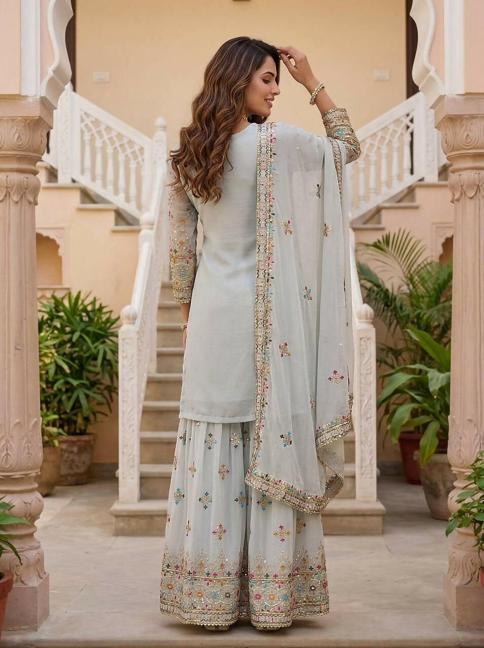 Teeya Creation Grey Faux Georgette Multi Thread Work Wedding Wear Sharara Set - Distacart
