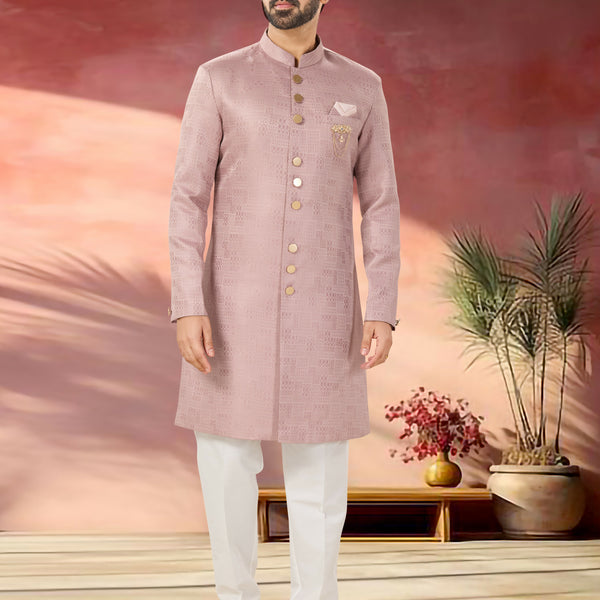 Joban Fashion Men's Pink Straight Imported Tr Self-Design In Fabric Indo-Western Kurta Set - Distacart