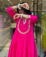 Thumbnail for The52 Rani Women's Gorgeous Embroidered Work Chanderi Fabric Flared Kurta Pant and Dupatta Set - Distacart