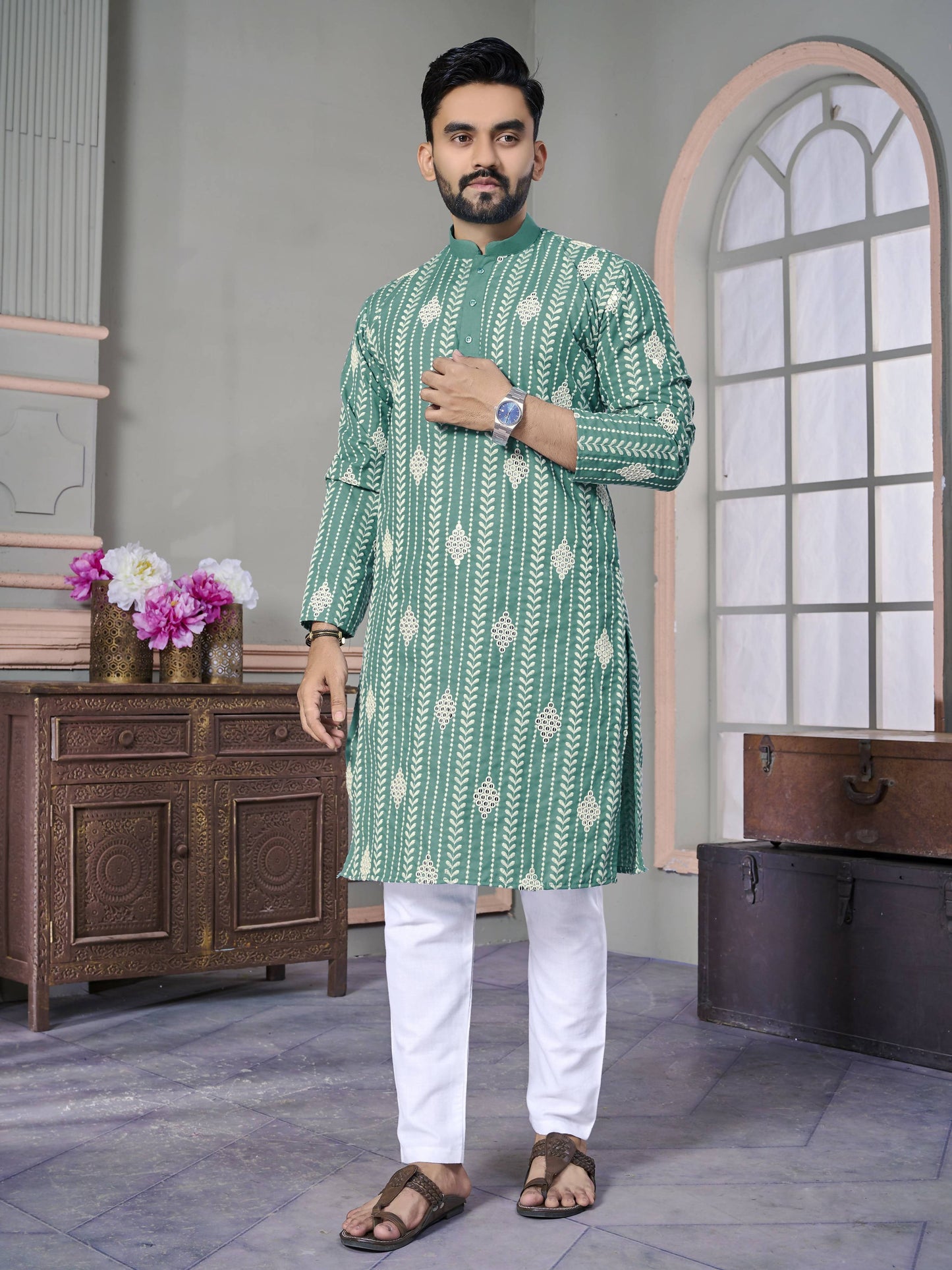 Rama Green Wedding Wear Designer Mens Kurta with Pyjamas by Infinity Export - Distacart