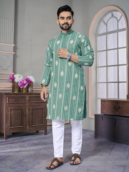Rama Green Wedding Wear Designer Mens Kurta with Pyjamas by Infinity Export - Distacart