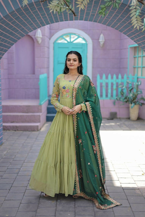 Aastha Fashion Women's Parrot Green Faux Georgette Thread Embroidered Anarkali Dress with Dupatta - Distacart