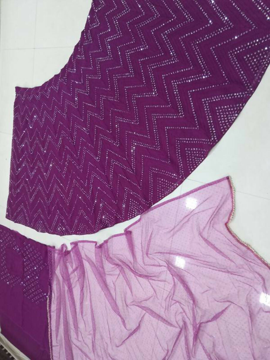 Jyoti Fashion Wine Thread Embroidery Faux Georgette Designer Lehenga Choli with Dupatta - Distacart