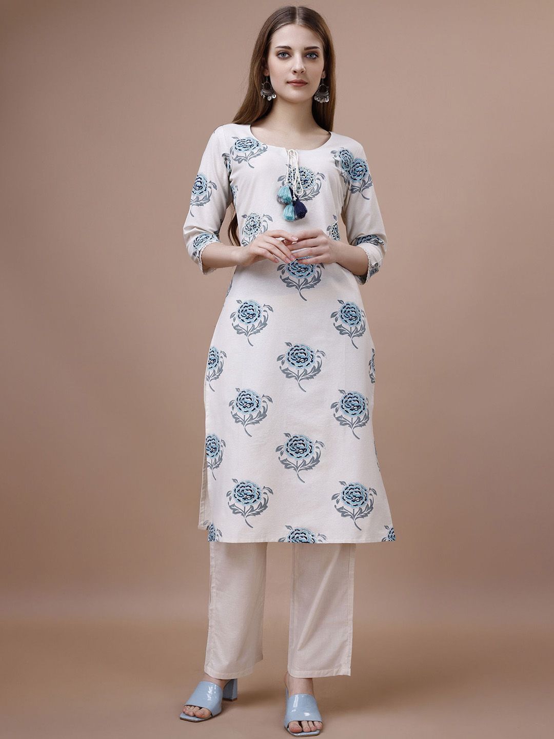 Ode by House of Pataudi Floral Printed Tie-Up Neck Cotton Straight Kurta - Distacart