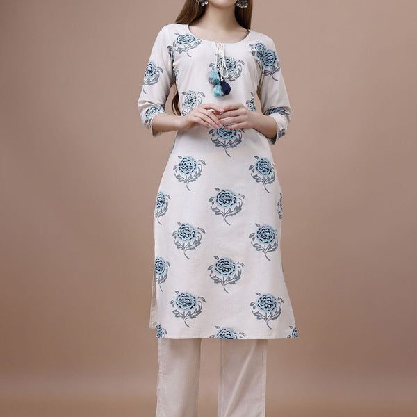 Ode by House of Pataudi Floral Printed Tie-Up Neck Cotton Straight Kurta - Distacart