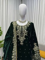 Thumbnail for Vastranavya Green Viscose Velvet Cording Sequence With Moti Work Top-Bottom With Dupatta