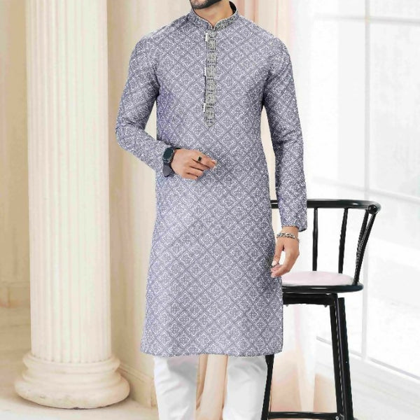 Raivat Ethnic Cotton Thread Work Kurta Pajama In Grey Colour - Dista