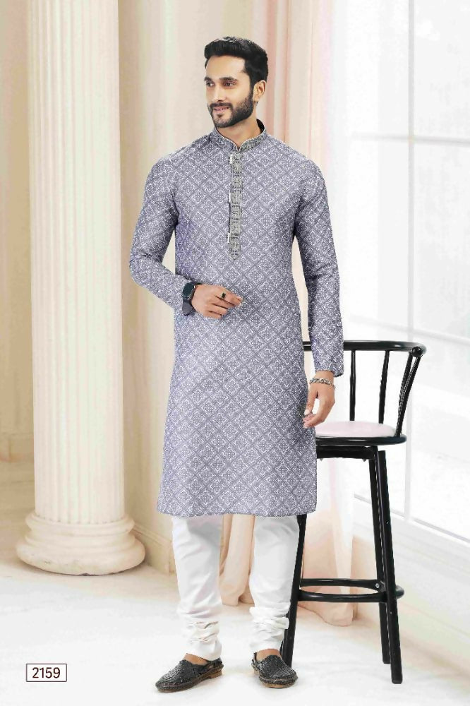 Raivat Ethnic Cotton Thread Work Kurta Pajama In Grey Colour - Dista
