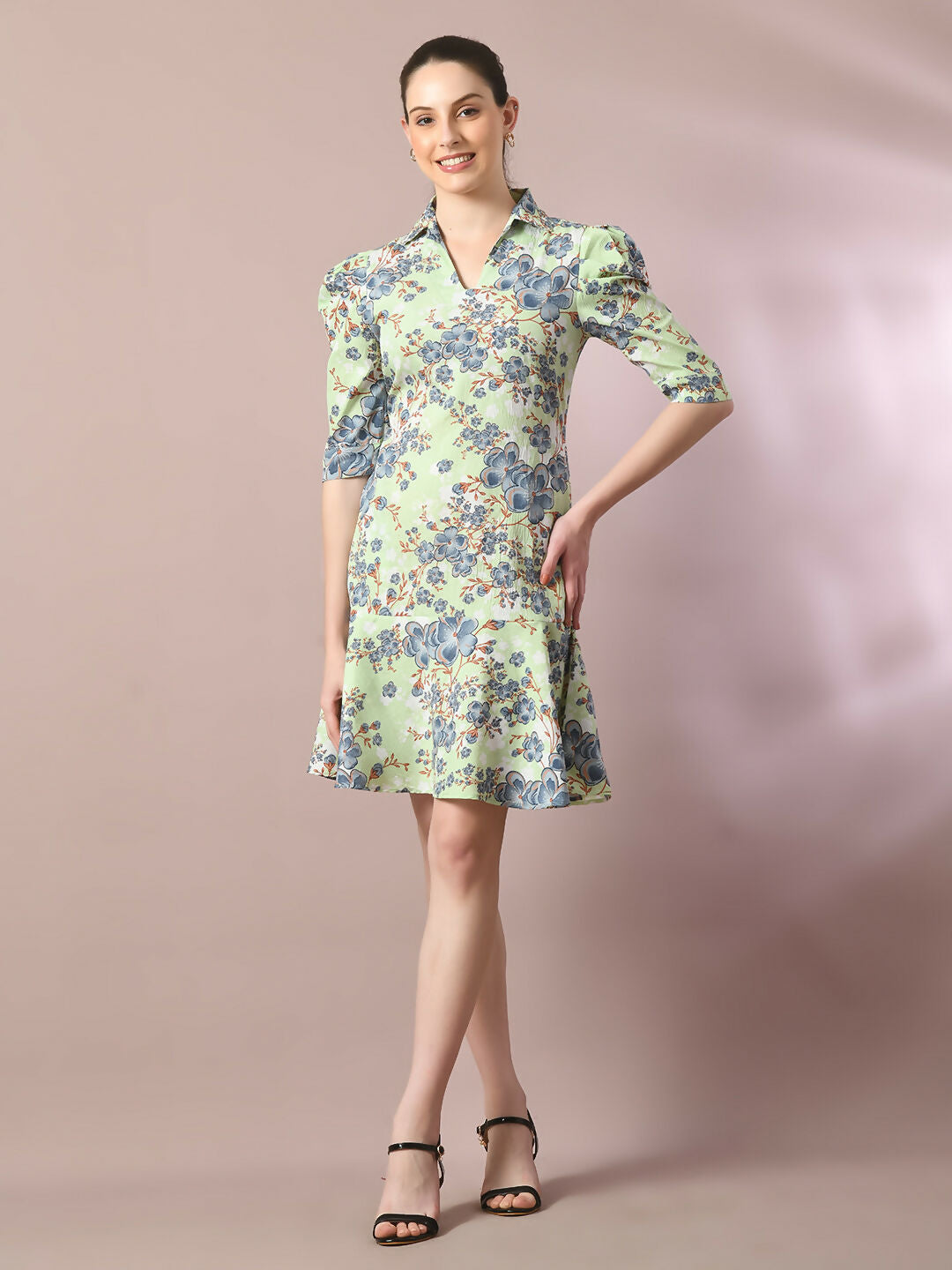Myshka Women's Green Printed Shirt Collar Fit and Flare Party Dress - Distacart