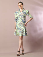 Thumbnail for Myshka Women's Green Printed Shirt Collar Fit and Flare Party Dress - Distacart