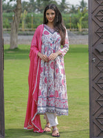 Thumbnail for The52 Women's Beautiful Rayon Fabric Printed Work Flared Kurta Pant and Dupatta Set - Distacart