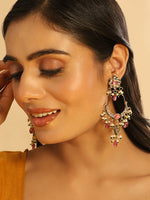 Thumbnail for Nuyug 22K Gold Plated Crescent Kundan Drop Pink Stone Chandbali Earrings