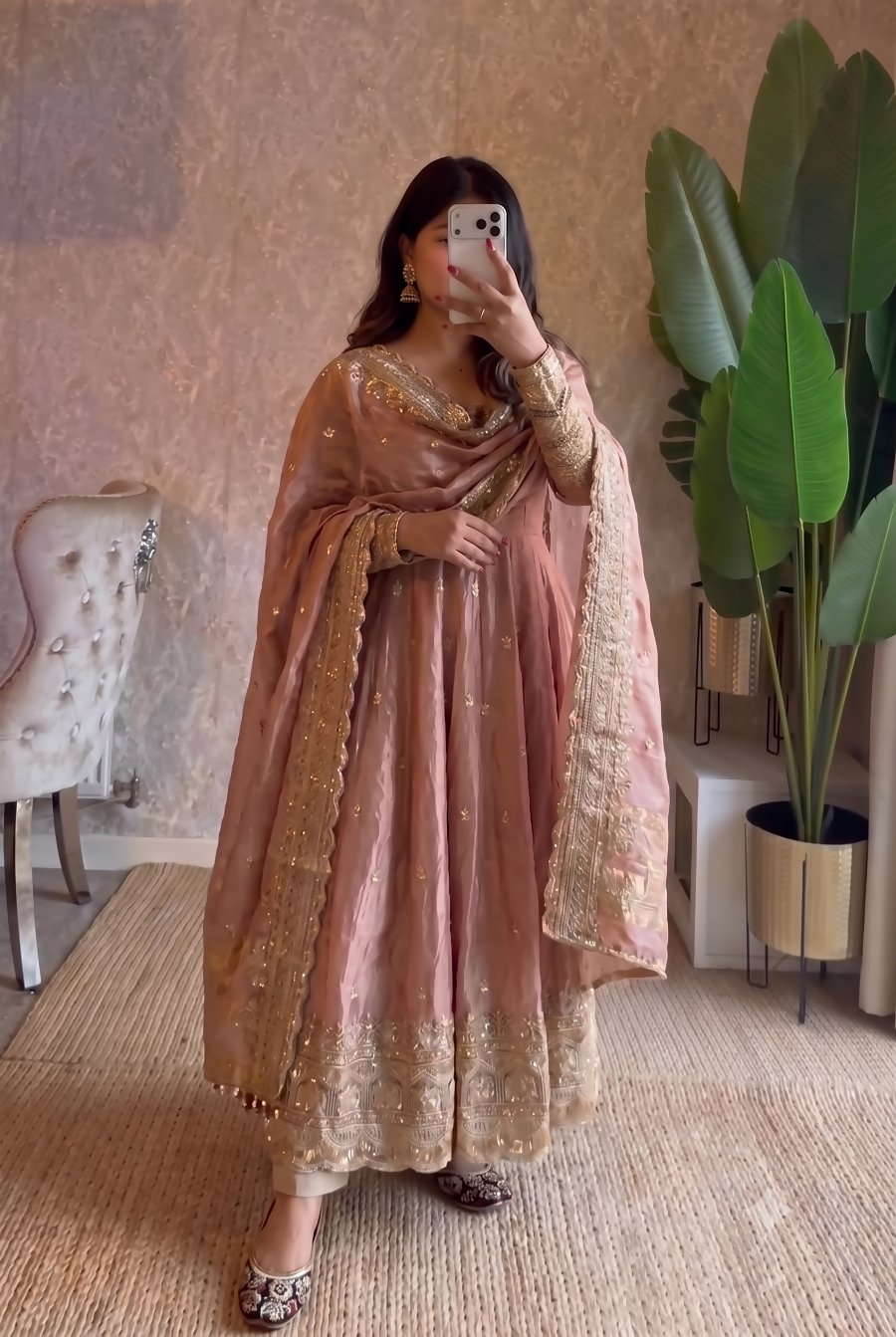 Teeya Creation Pastel Peach Heavy Sequins Work Partywear Anarkali Suit Set