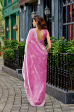 Thumbnail for Vastranavya Baby Pink Embroidery Work Shimmer Chiffon Saree with Unstitched Blouse