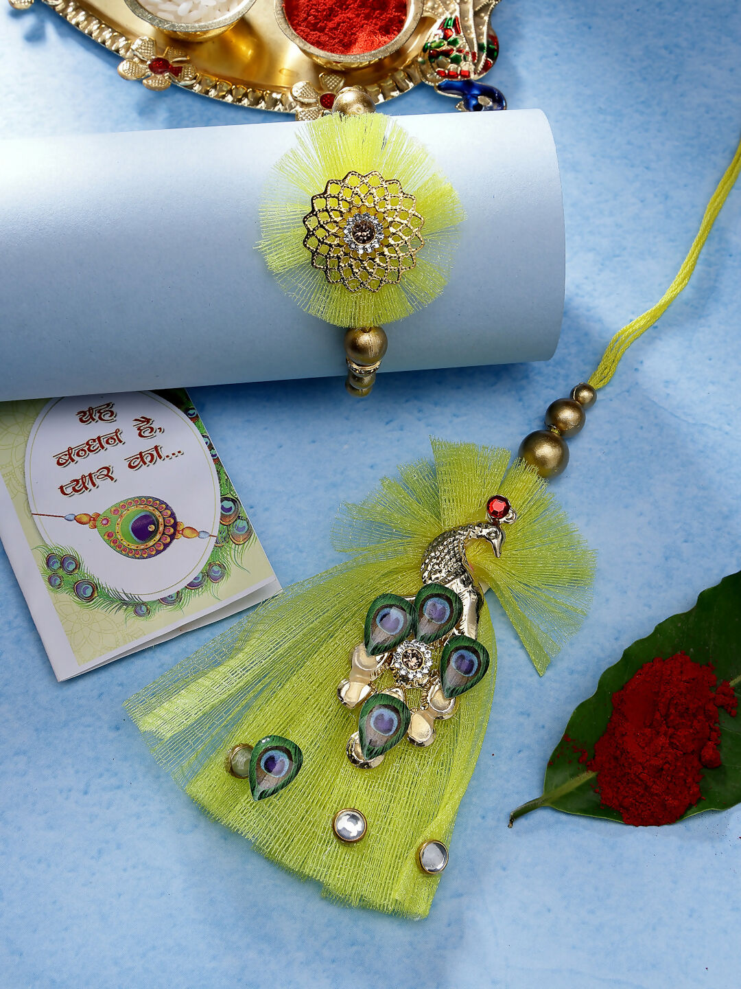 NVR Women & Men Set of 2 Yellow Peacock Design Bhaiya Bhabhi Rakhi With Roli Chawal & Chocolate - Distacart