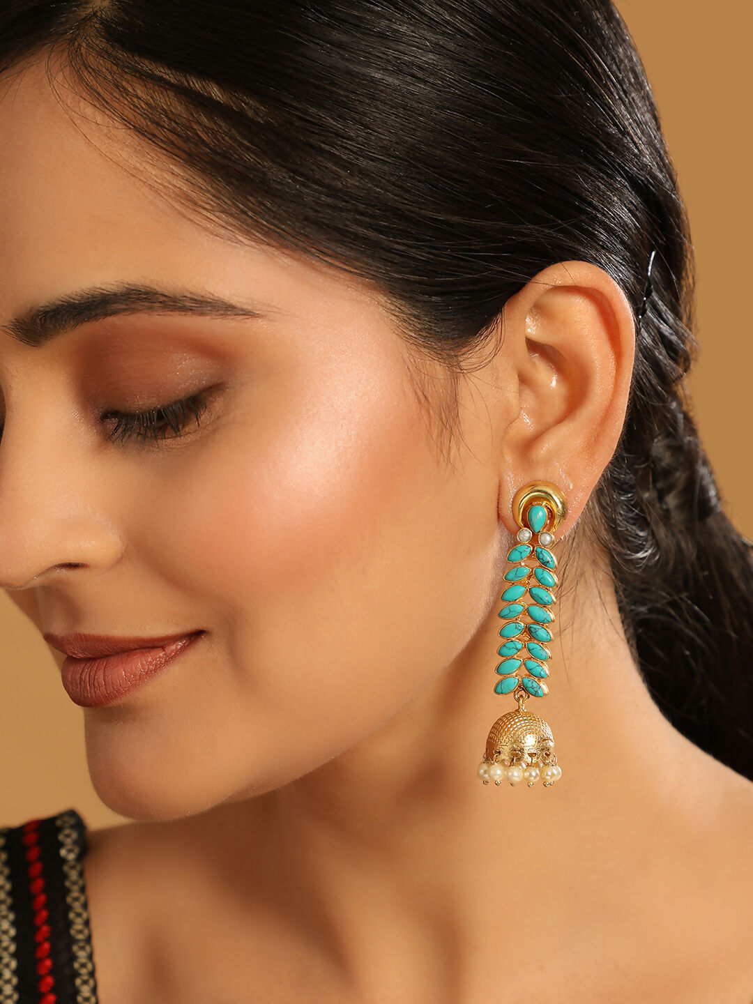 Nuyug 22K Gold Plated Pearl & Turquoise Stone Studded Contemporary Shaped Jhumkas